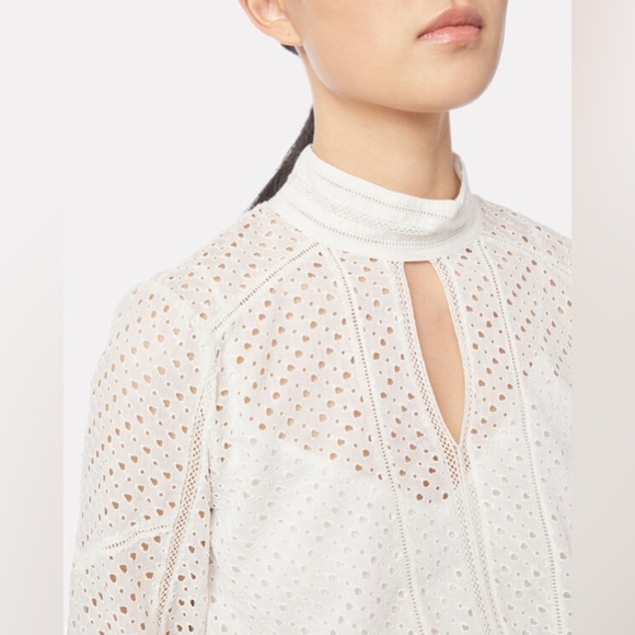 FRAME High Neck Puff Sleeve Keyhole Ivory Ramie Long Sleeve Eyelet Party Top M - Picture 3 of 12